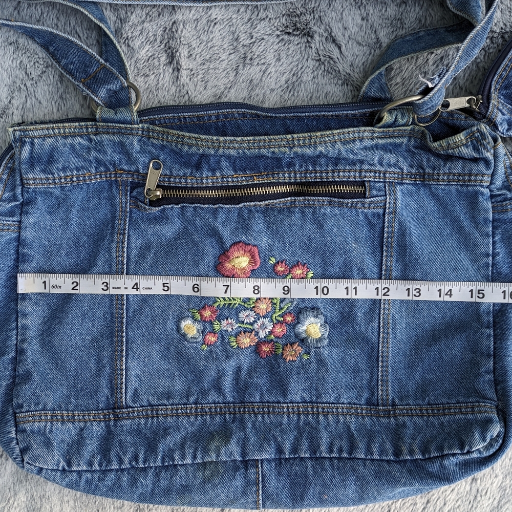 Vintage Floral Embroidered Denim Shoulder Bag with Coin Purse - Picture 8 of 14